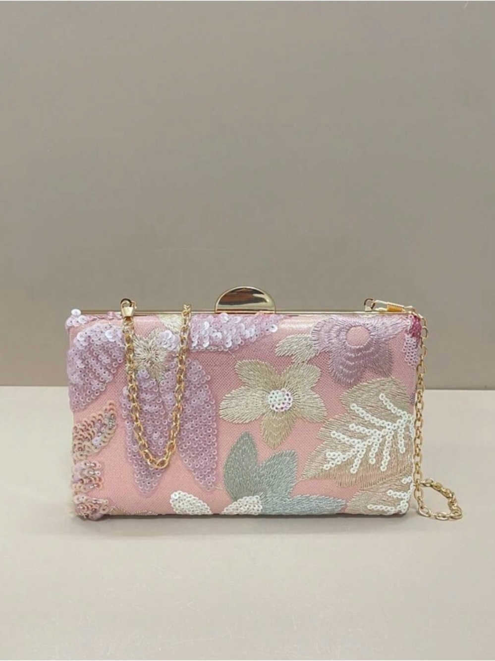 Apex Pink Floral Sequin Evening Clutch with Gold Chain Strap